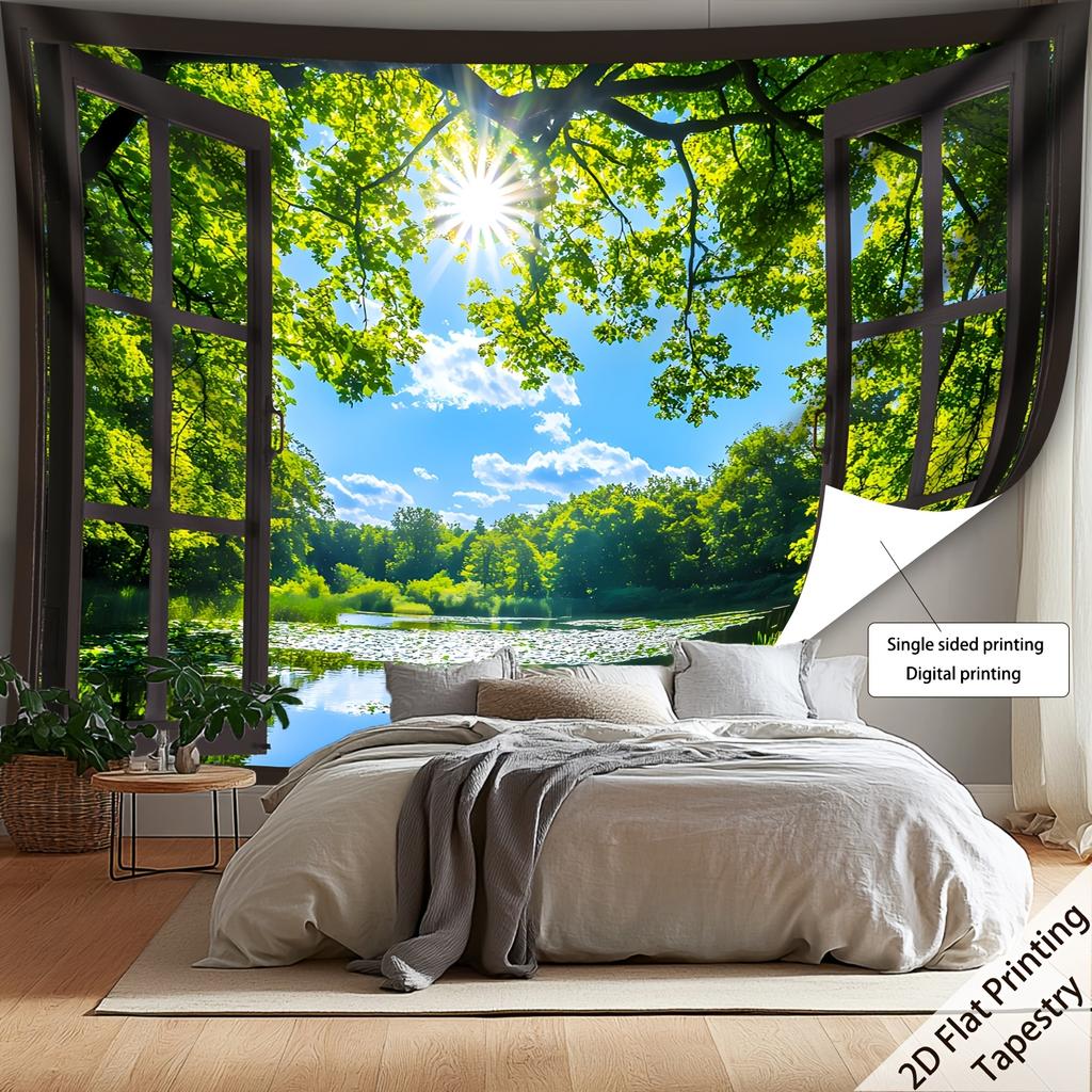 1Pc Forest Lake Sunshine Window View Tapestry Wall Hanging, Decorative Fabric Poster for Bedroom, Living Room, Dorm & Home Decor