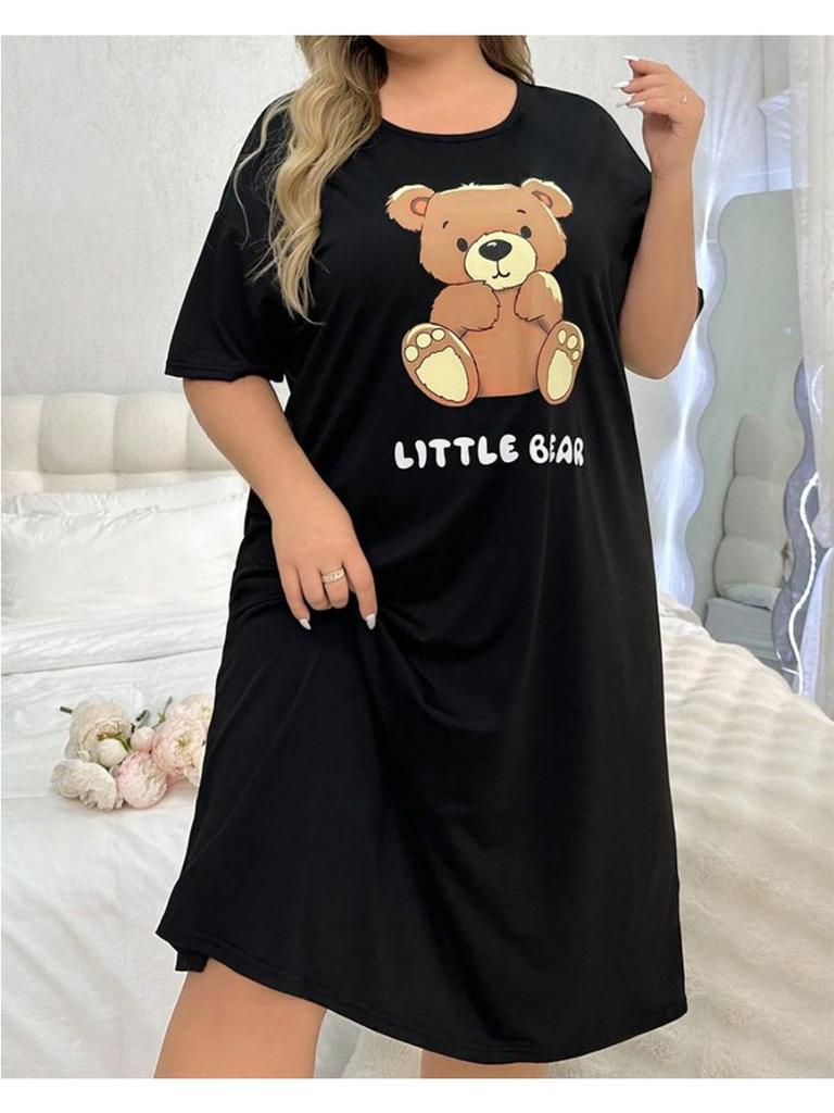 Women's Fashion Cute Bear And Letter 3D Printed Dress Home Daily Plus Size Skirt Casual Loose Short Sleeved Dress