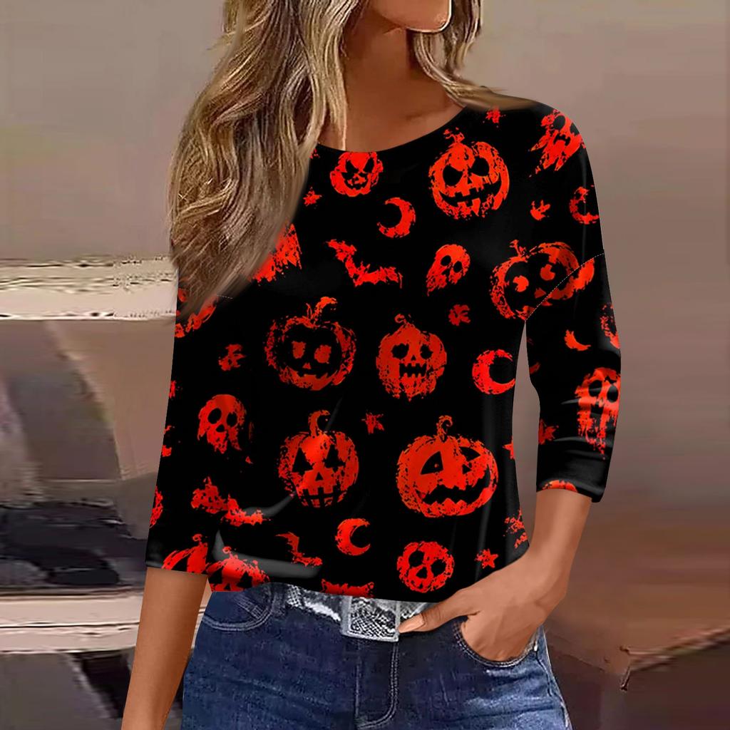 Women's Casual Three-Quarter Sleeve Round Neck Top with Halloween Print for Holiday Outfits