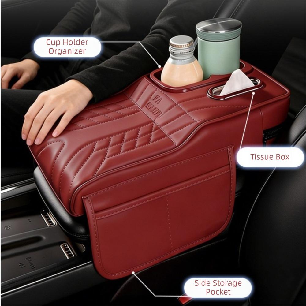 Portable Center Console Armrest Cushion PU Leather Multifunctional Car Armrest Pillow with Cup Holder Tissue Box