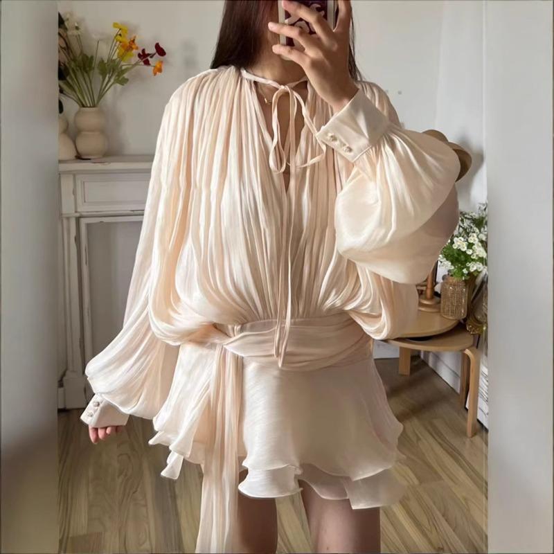 Women's Elegant Two-Piece Summer Outfit: Ruched O-Neck Mini Dress with Long Lantern Sleeves + Solid Color Chic Shorts
