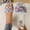Colorful Rhinestone Flat Sandals for Women Summer Square Toe Beach Slippers Woman Gold Silver Gemstone Decoration Fashion Slides