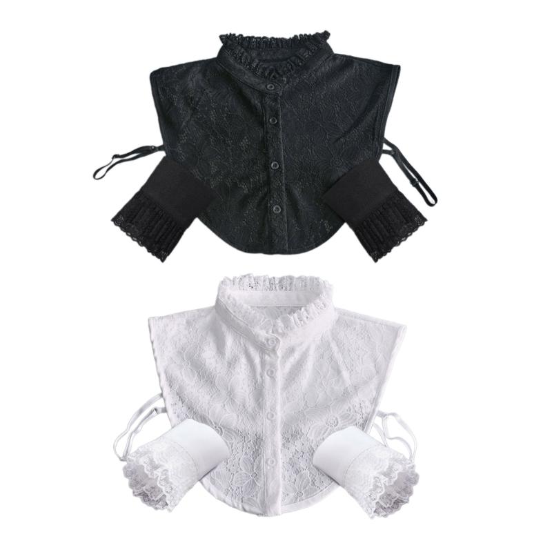 Women Sweet Ruffled Floral Lace Half Shirt Fake Collar and Wrist Cuffs False Sleeves Set Vintage Costume Accessories