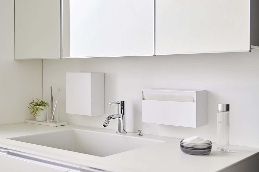 Yamazaki Tower Wall-Mounted Dustbin & Storage Case, White, Approx. W17cm X D8.7-16cm X H20cm, Compatible with Plasterboard Pins, Film Hooks, and