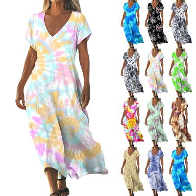 Summer Dress Women's Long Boho Beach Dress Elegant Maxi Dress V-Neck Short Sleeve Summer Tunic Dress Light Airy
