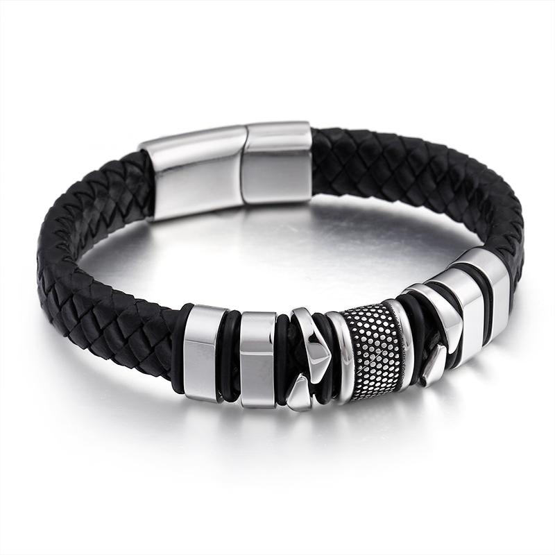 16MM Wide Stainless Steel Wrap Bracelet for Man Black Genuine Leather Men's Bracelets Bangles with Magnet Clasp Engraved Gifts