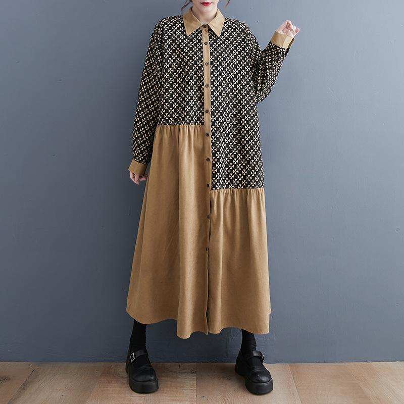 Women Vintage Printed Patchwork Shirt Maxi Dress Loose Lapel Long Sleeve Casual Japanese Style Long Dress One Size