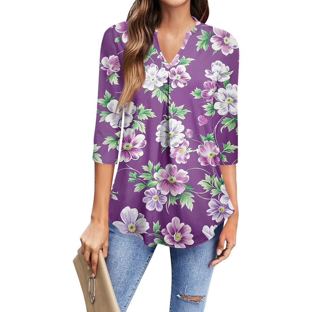 Damen Mode Lässiges Dreiviertelarm T-Shirt Bedrucktes V-Ausschnitt Top