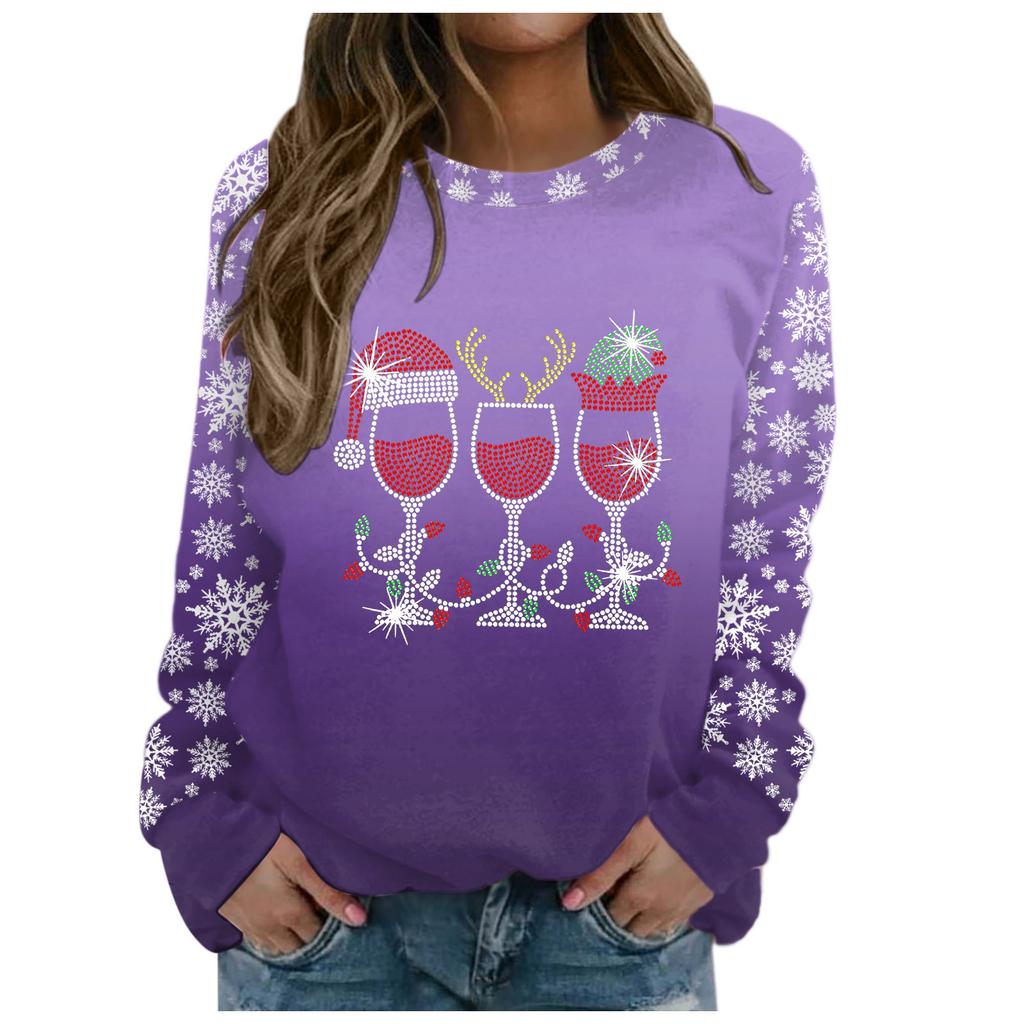 Weihnachts-Sweatshirt Weinglas Hut Schneeflocken-Print Pullover Herbst und Winter Rundhals Langarm Kapuzenlose Oberteile Lässiger Hoodie