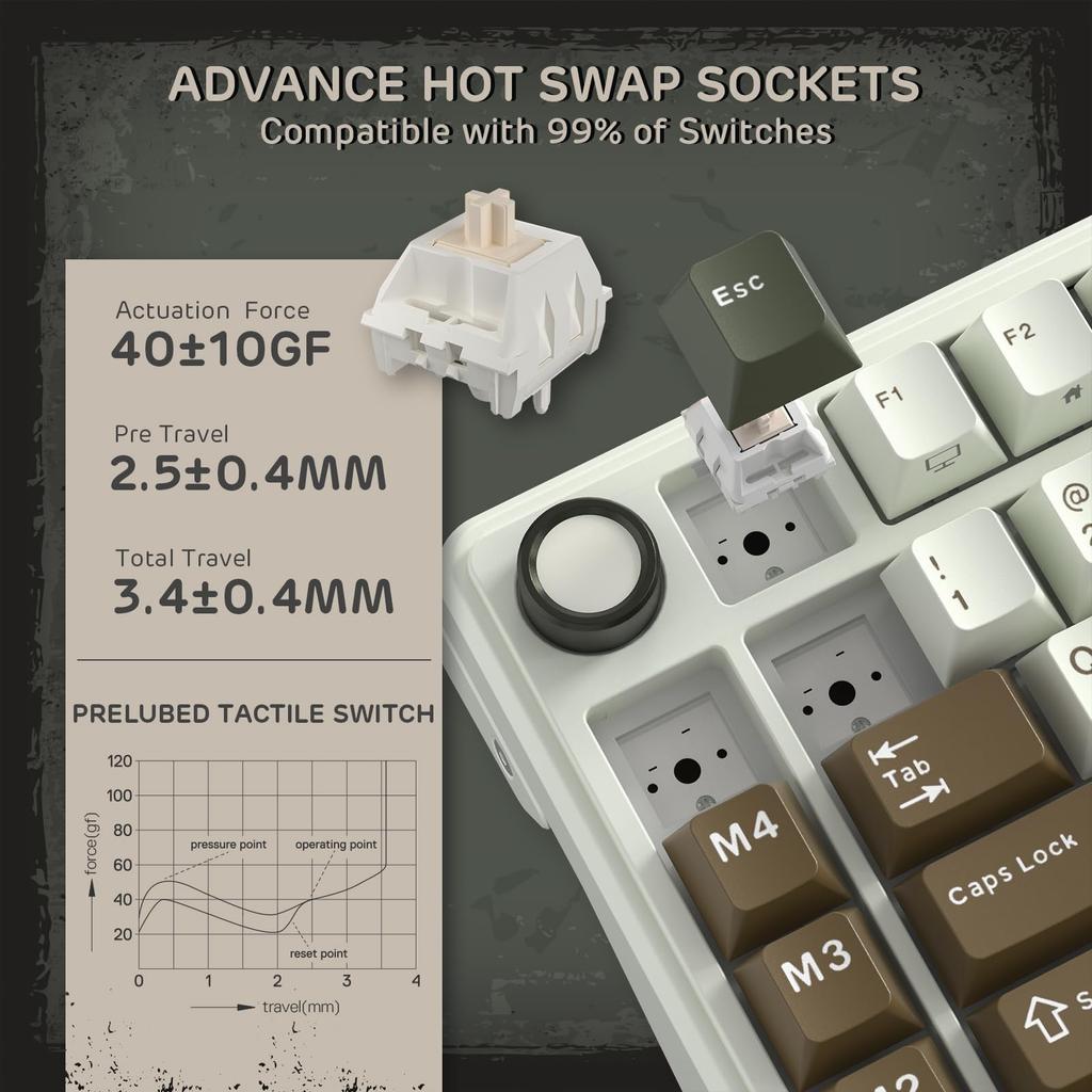 RK ROYAL KLUDGE L75 Mechanical Keyboard with Gasket Touchable TKL Wireless Hot Professional QWERTY US Layout Assembly, Buttons/Macro Keys, Nameplate,