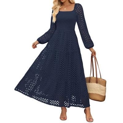 Women's Fashionable Casual Square Collar Long Sleeved Solid Color Dress
