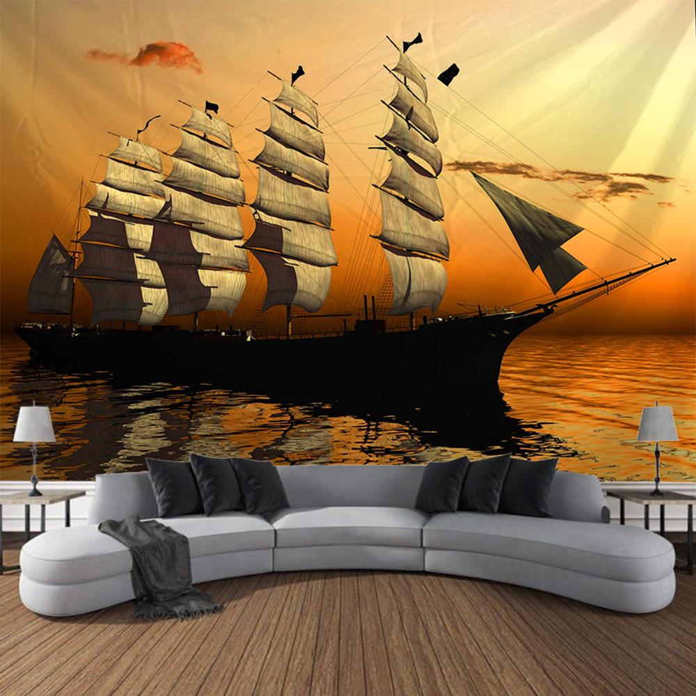 Navigation Landschaft Wandteppich Retro Piratenschiff Kunst Wandbehang Fantasy Bohmische Ästhetik Dekoration Raum Kunst Wanddekoration