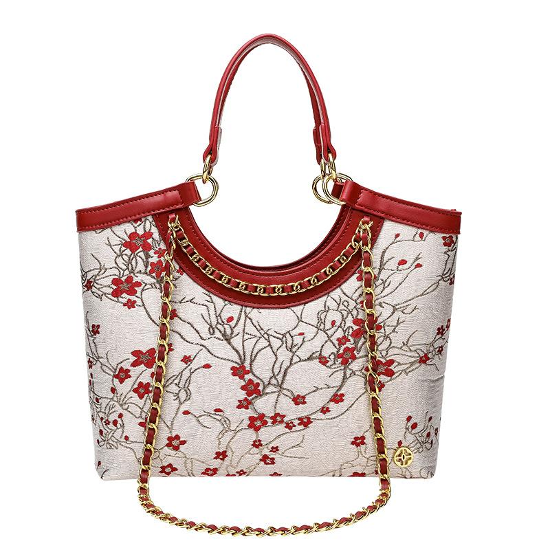 2024 New Chinese Style Plum Blossom Embroidery Handbag with Chain Strap, Large Capacity, High-End Shoulder Tote Bag