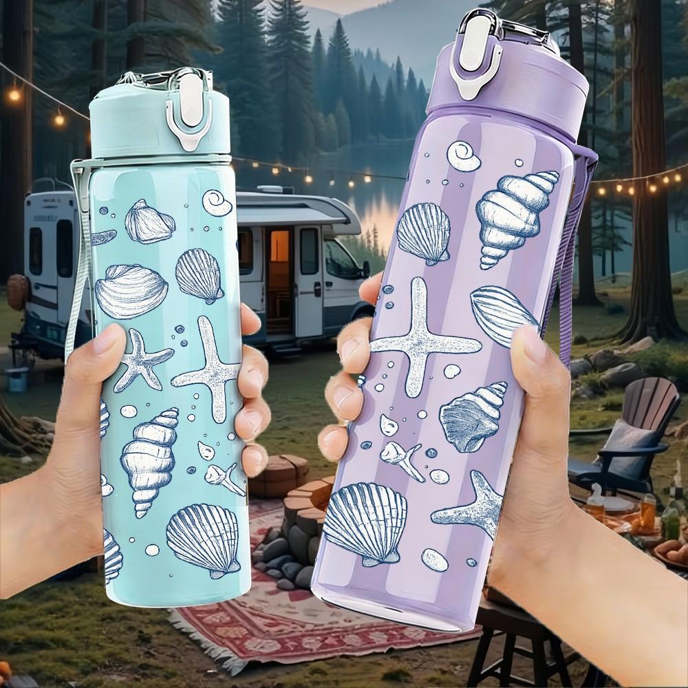 1PC Starfish Seashell Ocean Pattern Print 750ml Color Plastic Sports Water Bottle Leakproof Flip Straw Lid Suitable for Sports Office Home Use