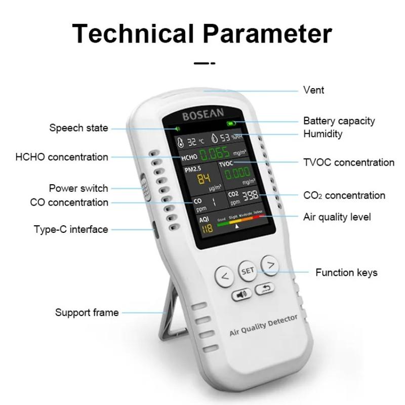 2026 Multifunctional Air Quality Monitor CO2 CO PM2.5 HCHO TVOC Temperature Humidity Meter Home Air Quality Detector Real Sensor Voice Alarm for Home