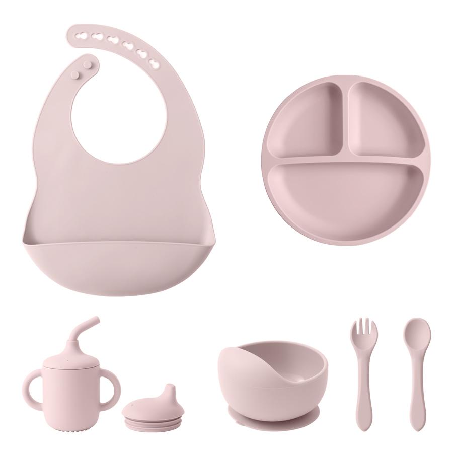 Color Kids 6PCS Silicone Baby Feeding Set Sucker Bowl Dinning Plate Straw Cup Spoon Fork Toddler Dishes Bib Children's Tableware