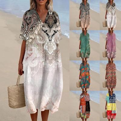 Rochie de plajă lejeră casual de modă pentru femei, cu gât în V, cu imprimeu