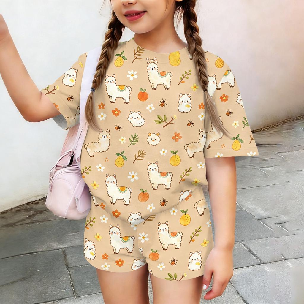 Kids Casual Short Sleeve Top and Shorts Set Lightweight Soft Fabric Animal Print Summer Outfit for Toddlers and Children