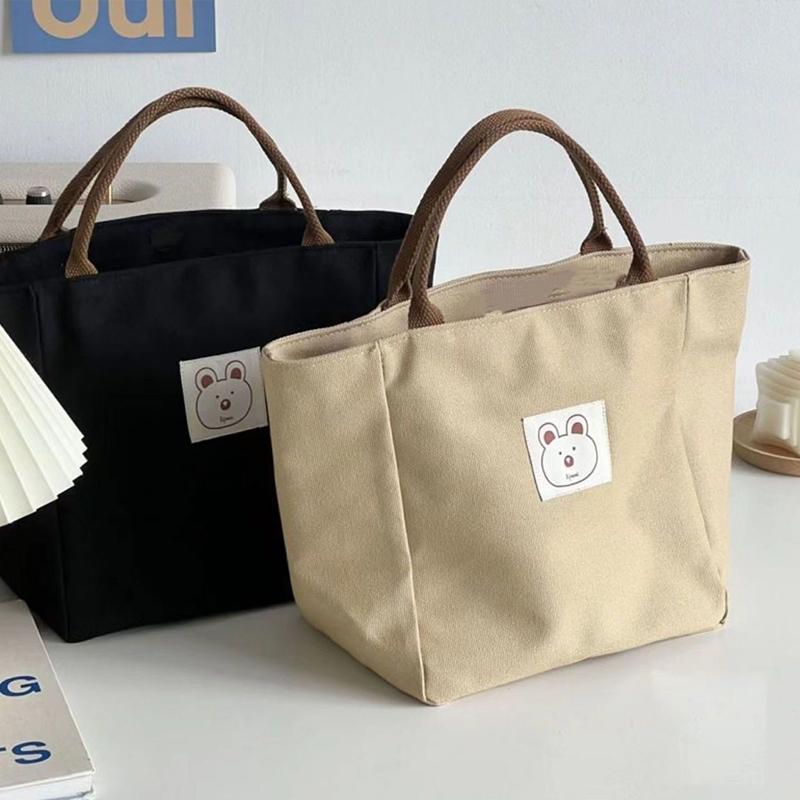 Women'S Japanese Canvas Handheld Cartoon Bear Patch Pattern Zipper Closure Large Capacity Simple Full Set Lunch Bag