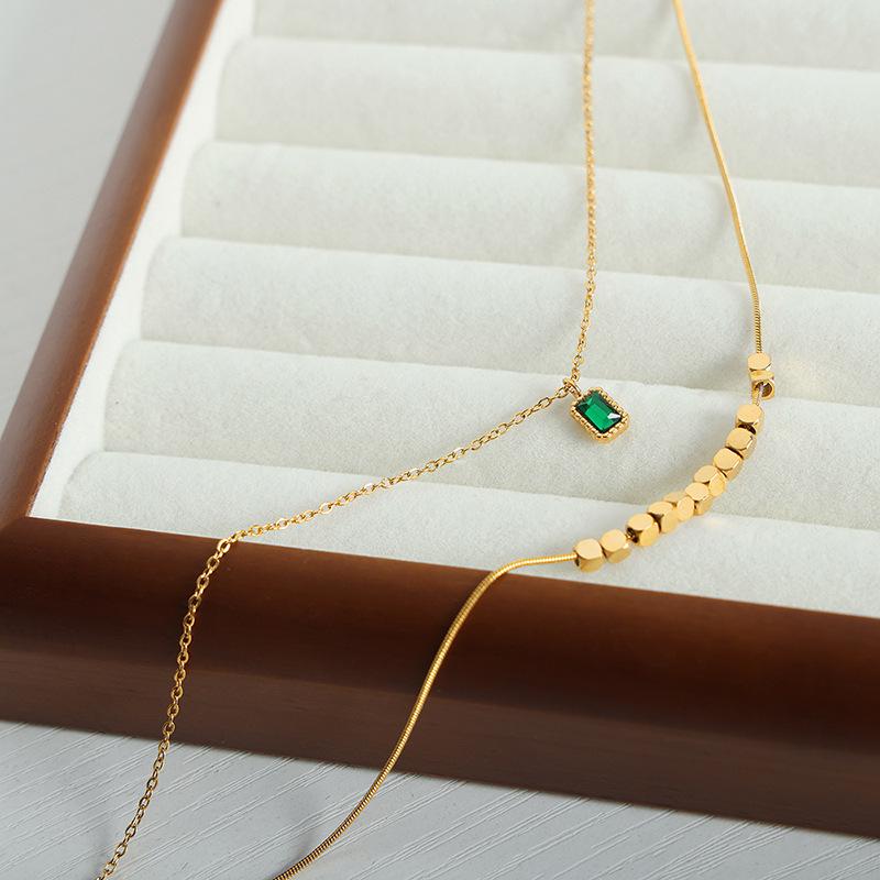Small Square Pendant Double Necklace Titanium Steel 18K Gold Clavicle Chain Versatile Personality Temperament Jewelry Light Luxury Clavicle Chain
