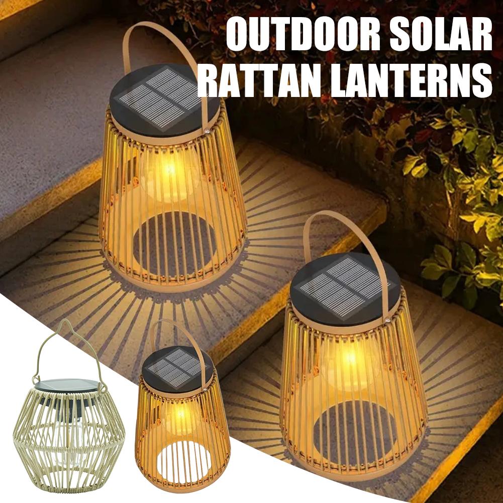 Outdoor Solar Rattan Lanterns, Waterproof Hanging Boho Solar Lights for Garden, Patio, Yard, Porch Decorative Lighting