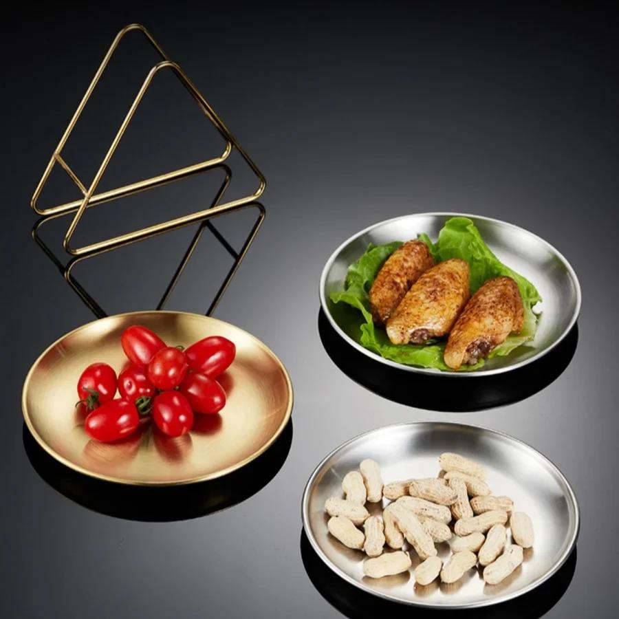 6pcs Plates with Storage Rack Stainless Steel Restaurant Snack Plate Cake Fries Plate Gold Tray