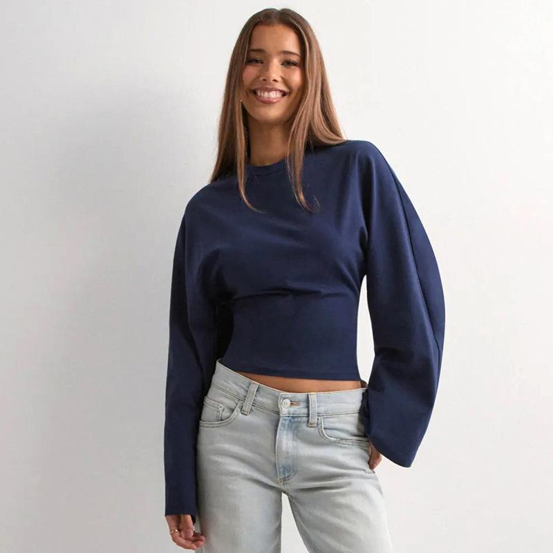 Summer New Style Daily Casual Simple and Versatile Long-sleeved Pullover, Solid Color Waist Temperament Is Thin Gray Long-sleeved T-shirt Y25TP201