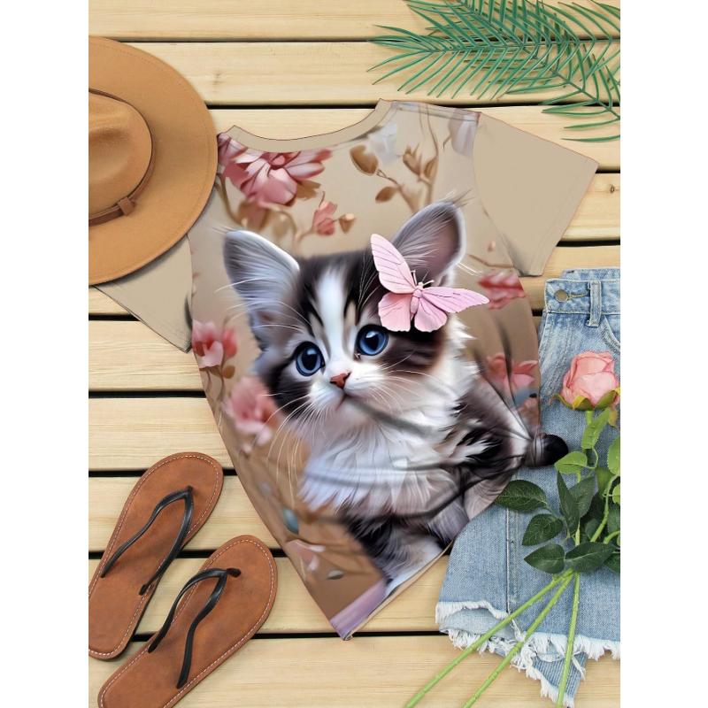 Damen Rundhals Katzen-Print Lässiges Kurzarm-T-Shirt, Sommer