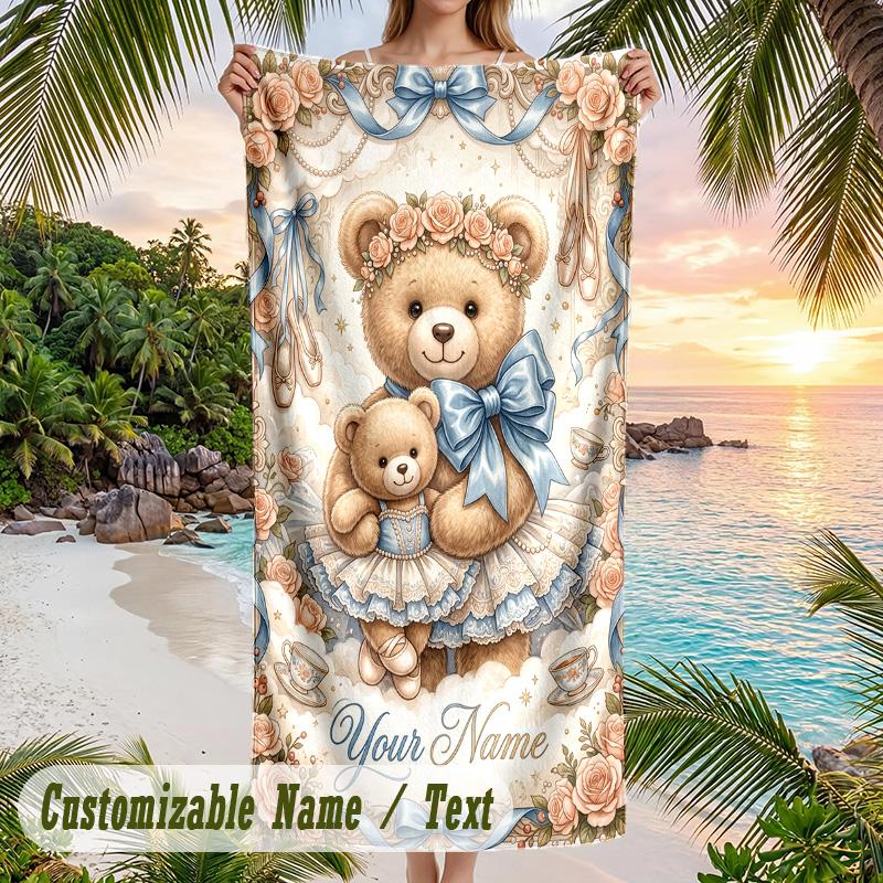 Teddy Bear Theme Beach Towel Personalized Custom Name & Text Soft Quick Dry Beach Towel for Swimming Travel