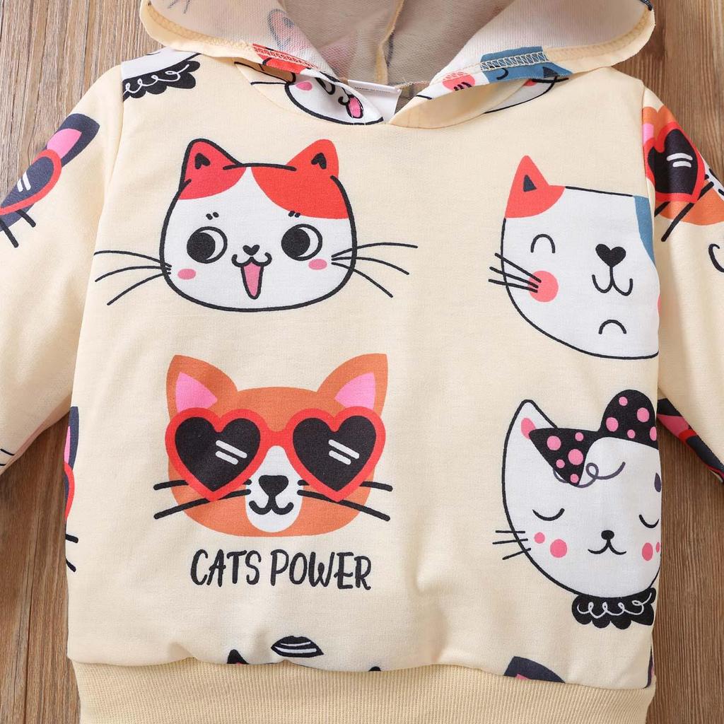 Girls' Cat Hooded Pullover and Pants Set - Spring/Autumn Fashion Two-Piece Outfit
