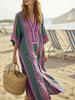 New Women's Casual Long-sleeved V-neck Digital Printed Women's Loose Color Blocking Dress
