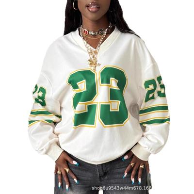 European & American Street Style Color Block Ribbed V-Neck Digital Print Women's Hoodie