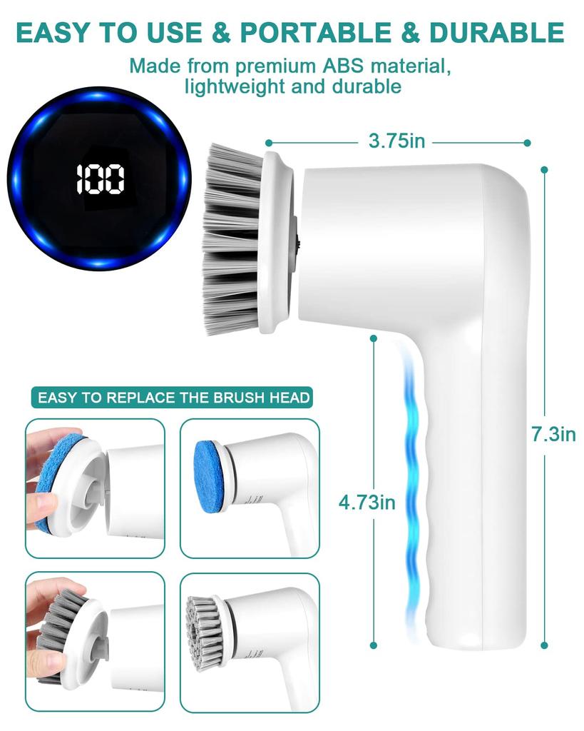 Elektrischer Spin Scrubber, Power Scrubber Kabelloser Elektrischer Duschschrubber mit Digitalanzeige und 5 Austauschbaren Köpfen, 2 Einstellbare Geschwindigkeiten