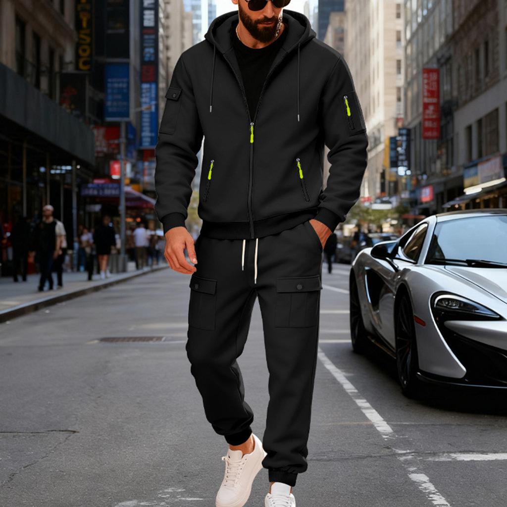 Men's Solid Color Casual Suit Loose Sports Stand Collar Sweatshirt With Pockets Multi Pocket Overalls Suit