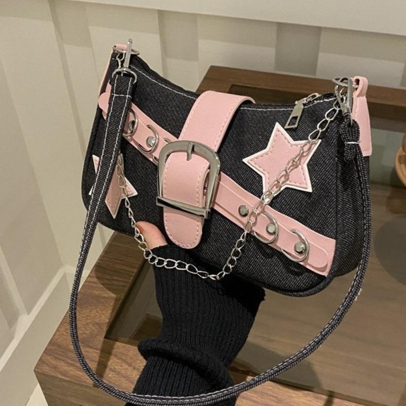 New Korean version underarm bag women's spring foreign style contrasting color shoulder bag casual personalized chain denim women's bag