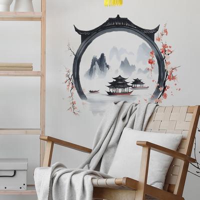 Chinesische Aquarell-Landschaft Wandaufkleber Selbstklebend Abnehmbar für Schlafzimmer Wohnzimmer Hintergrund Heimdekoration