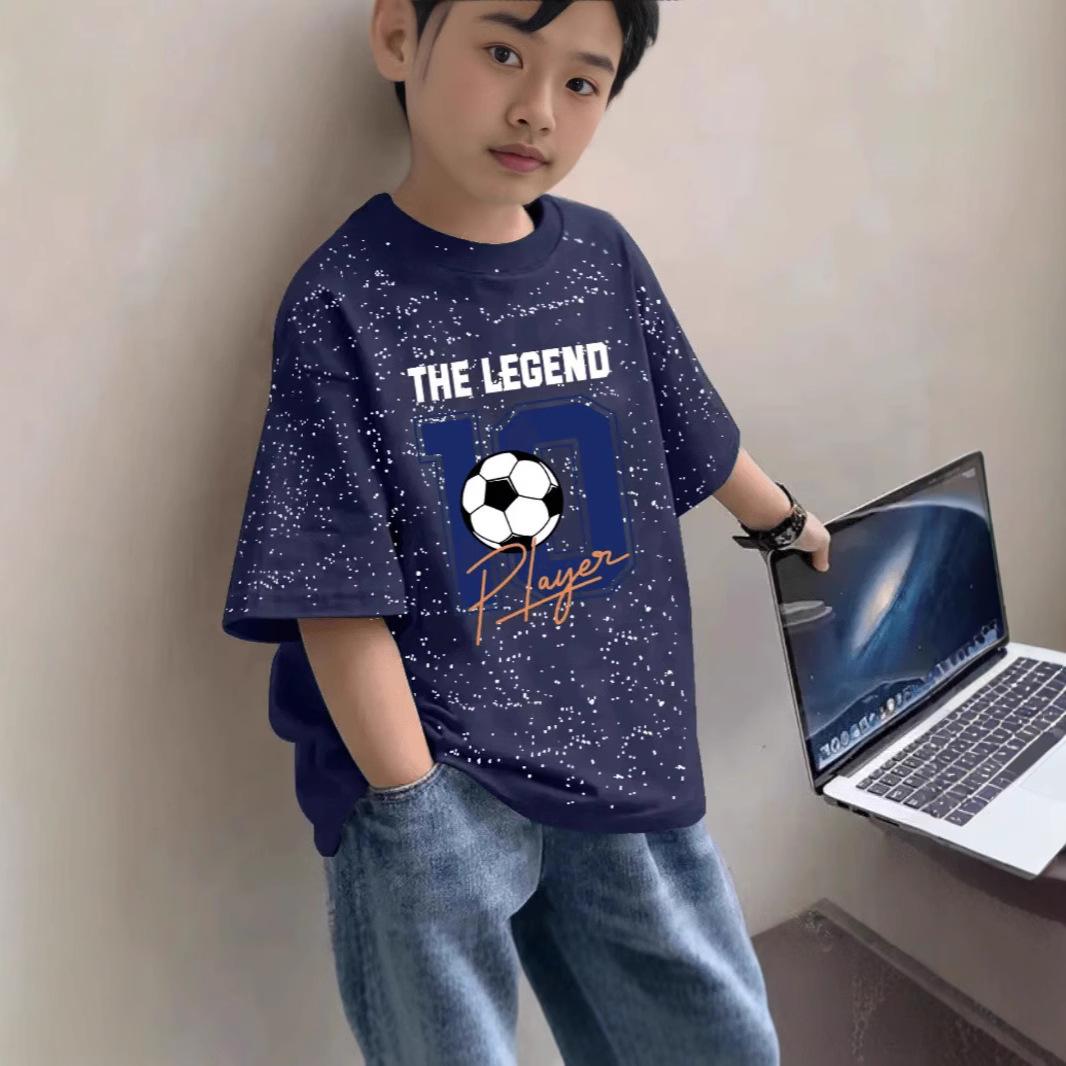 

Бавовняна футболка з коротким рукавом для хлопчиків літня для дітей середнього та старшого віку повсякденна гарна дитяча для хлопчиків з футбольним принтом топи 140cm