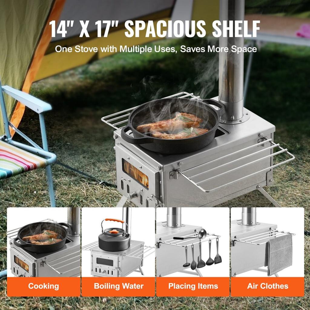 Wood Stove, 80 inch, Stainless Steel Camping Tent Stove, Portable Wood Burning Stove with Chimney Pipes & Gloves, 700in³Firebox Hot Tent Stove for