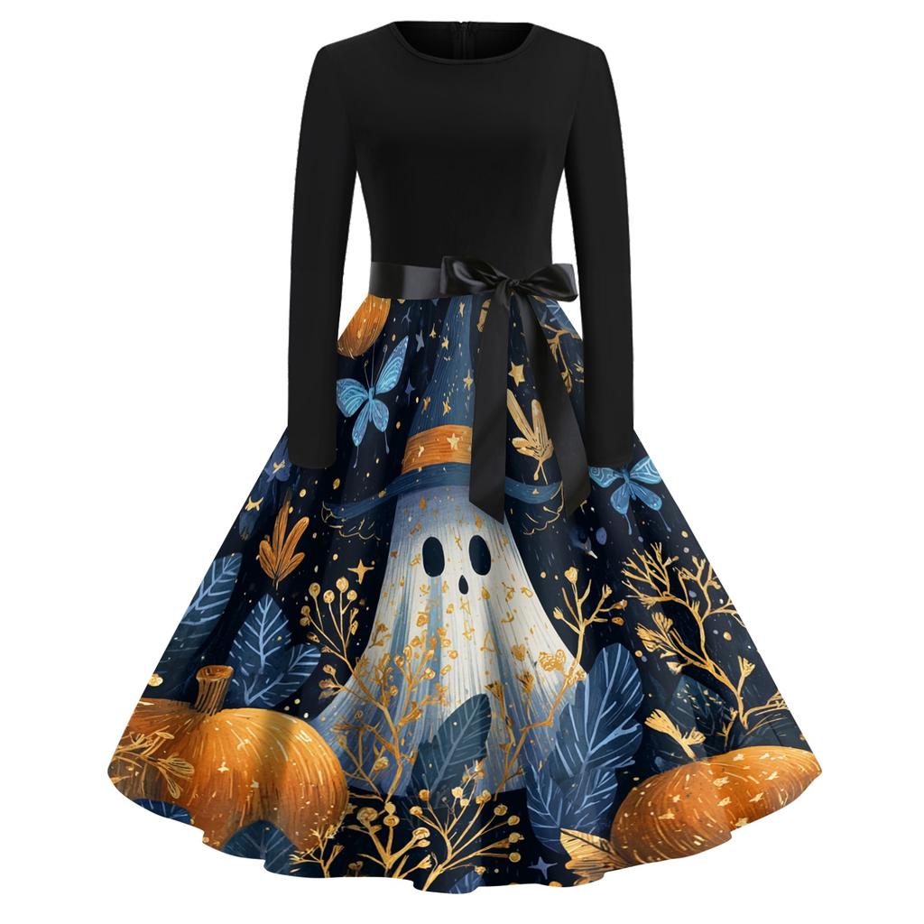 Women's Casual Vintage Halloween Dress Long Sleeve Round Neck A-Line Retro Print Midi Dress with Waist Tie for Autumn and Winter