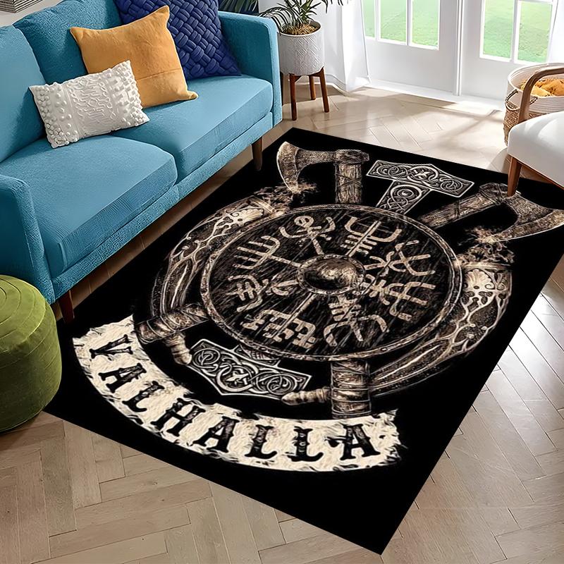 Nordisches Wikingerkrieger Symbol Walhalla Valknut Rune Motto Teppich für Schlafzimmer Wohnzimmer Sofa Zuhause Fußmatte Dekor, Rutschfeste Bodenmatte
