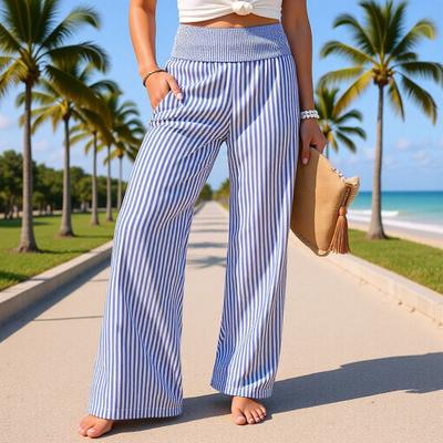 Women Pants Striped Print Wide Leg Trousers with Pockets Loose Fit Elastic High Waist Casual Pants Work Travel Daily Wear