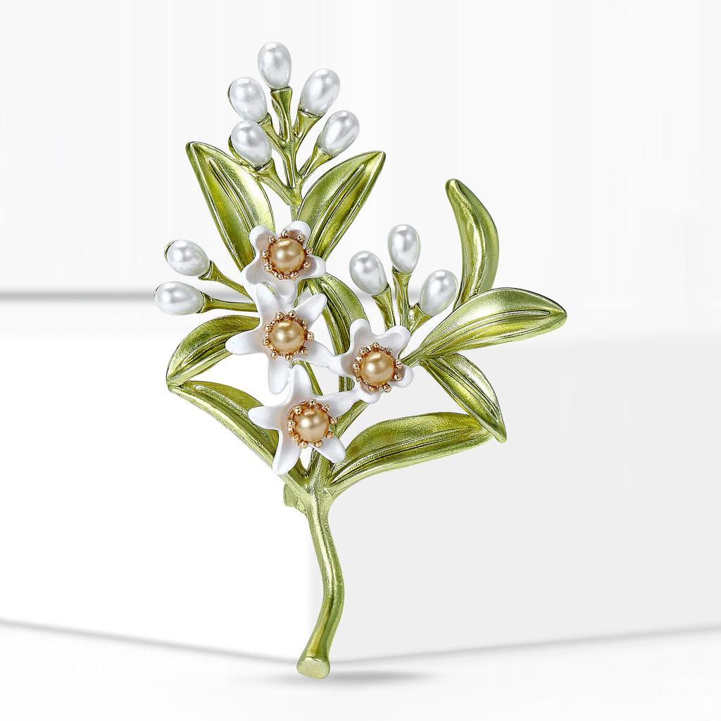 Classic Enamel Jasmine Brooches for Women Pearl Plant Flower Pins Friend Event Party New Gifts Jewelry Decoration Accessories