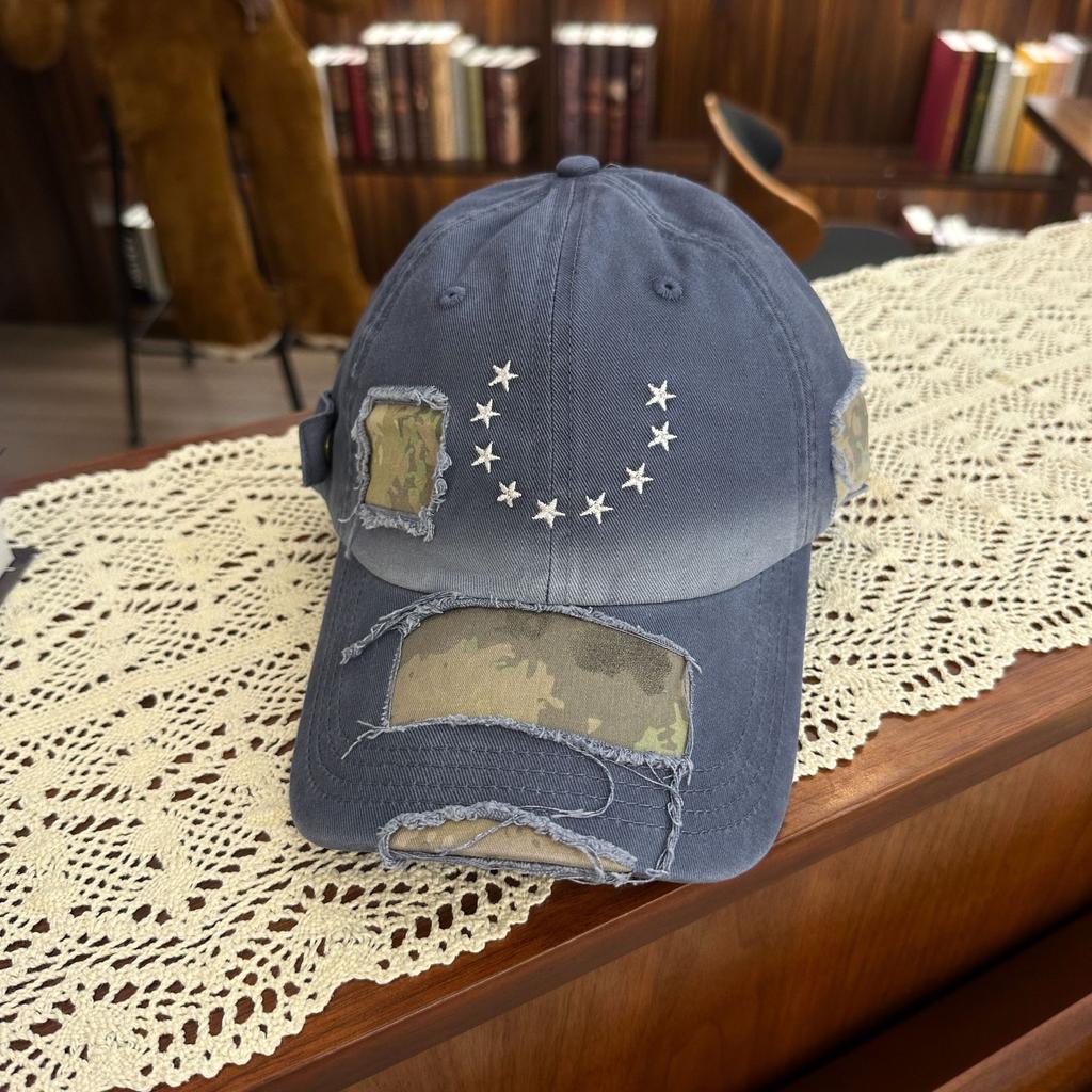 Japanese Style Distressed Hole Star Embroider Baseball Cap for Women Easiest for Matchretro Distressed Big Head Circumference Face Showing Small Peake
