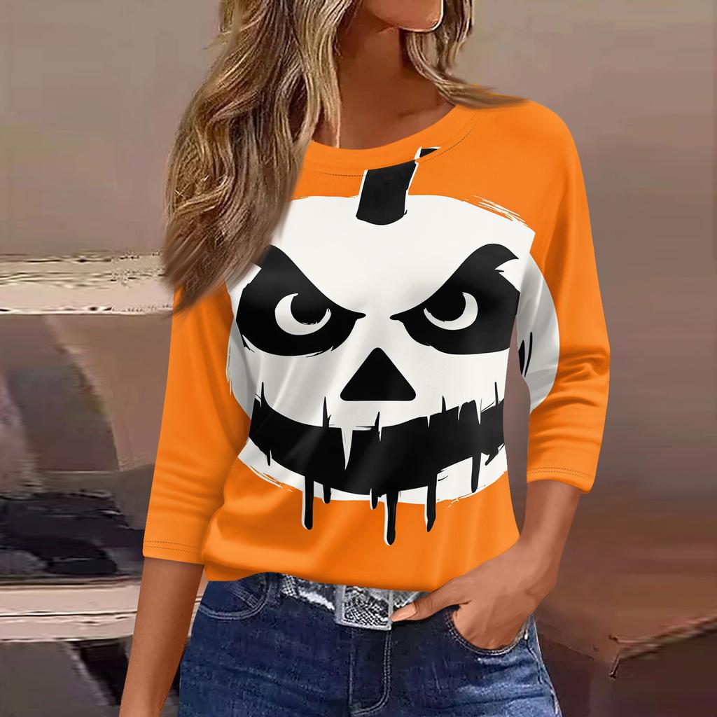 Women's Loose Fit Casual Halloween Print T-Shirt 3/4 Sleeve Round Neck Relaxed Fit Top for Everyday Wear