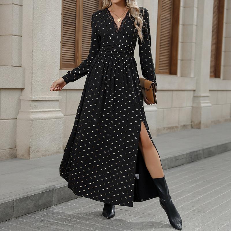 New Autumn Elegant Retro Style Lace V-neck Bow Printed Long Sleeved Dress