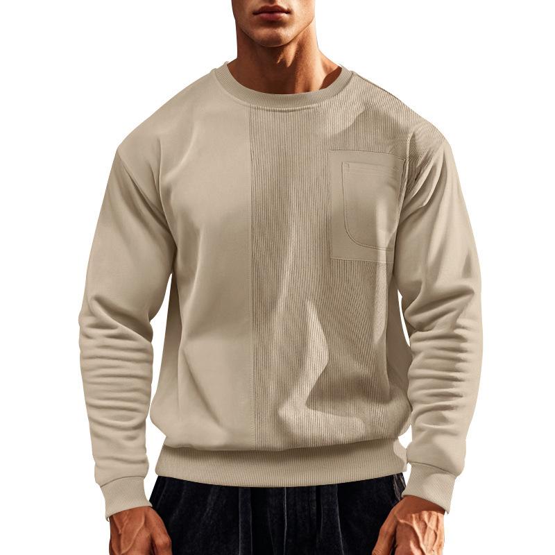 Men's autumn and winter new American high street corduroy splicing round neck men's casual heavyweight sweater