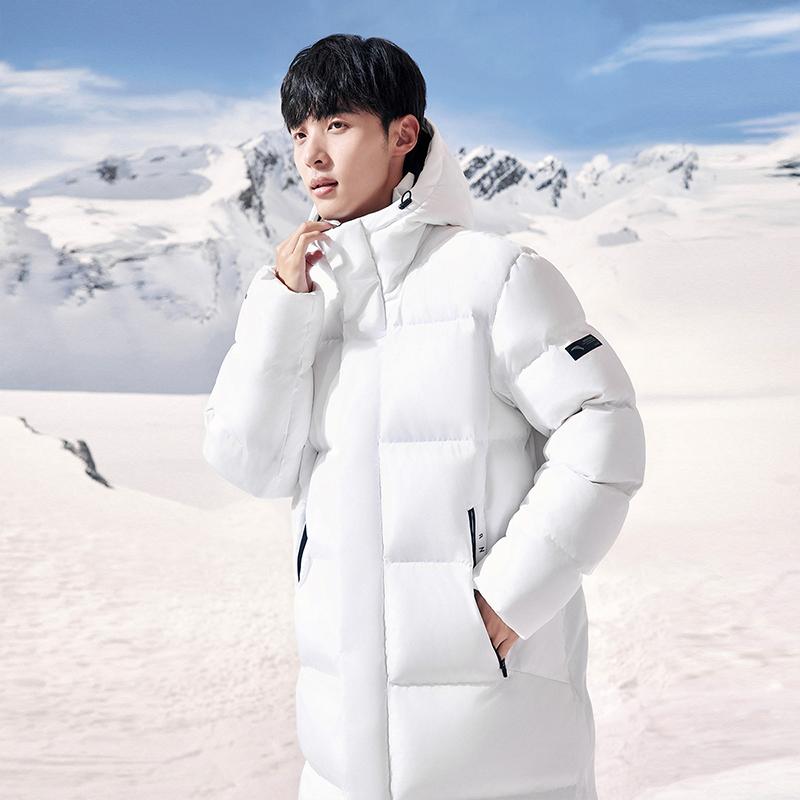 Anta Training Series Solid Color Zipper Hooded Long Sleeve Down Jacket Men Outerwear Pure-White 952347905-4