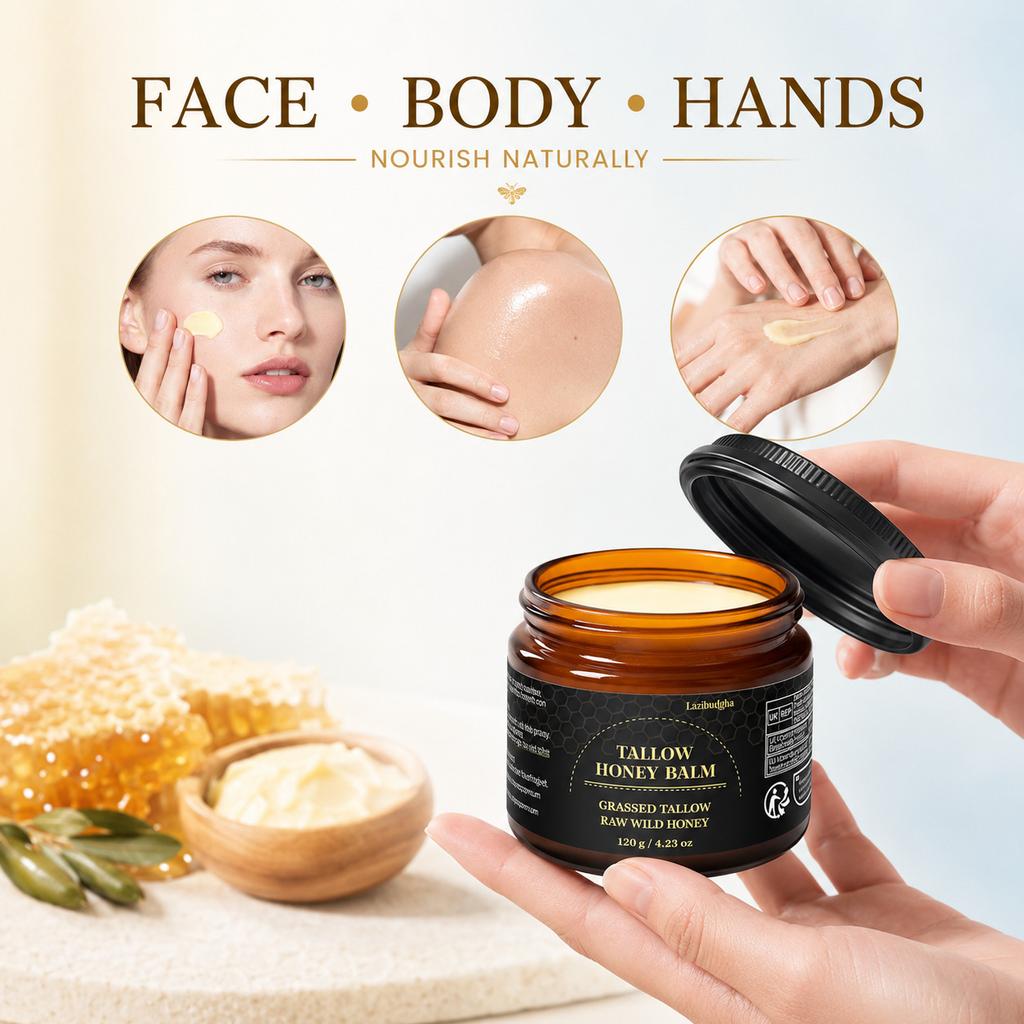 Grass-Fed Beef Tallow & Honey Balm, Botanical Body Moisturizer for Daily Skincare, 1 Pack