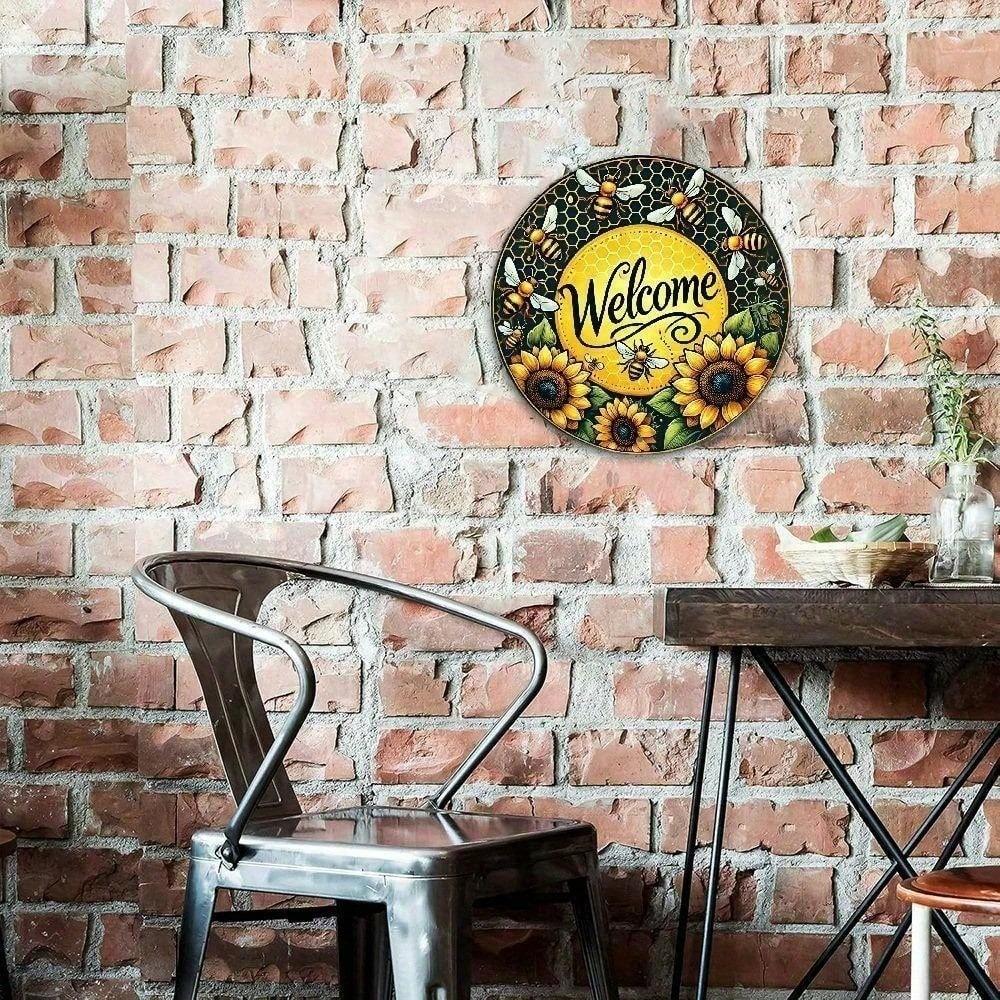 Vintage Bee Welcome Wreath Metal Wall Sign 8x8 Inch Rustic Aluminum Decor Outdoor Plaque For Front Door Porch Home