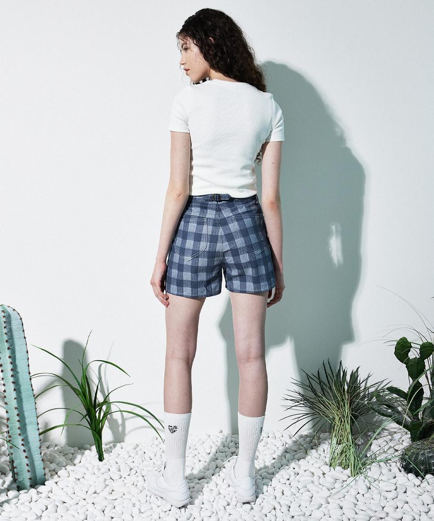 MAGOODGAN Minute 7933 Apron Check Indigo Shorts Hot Pants